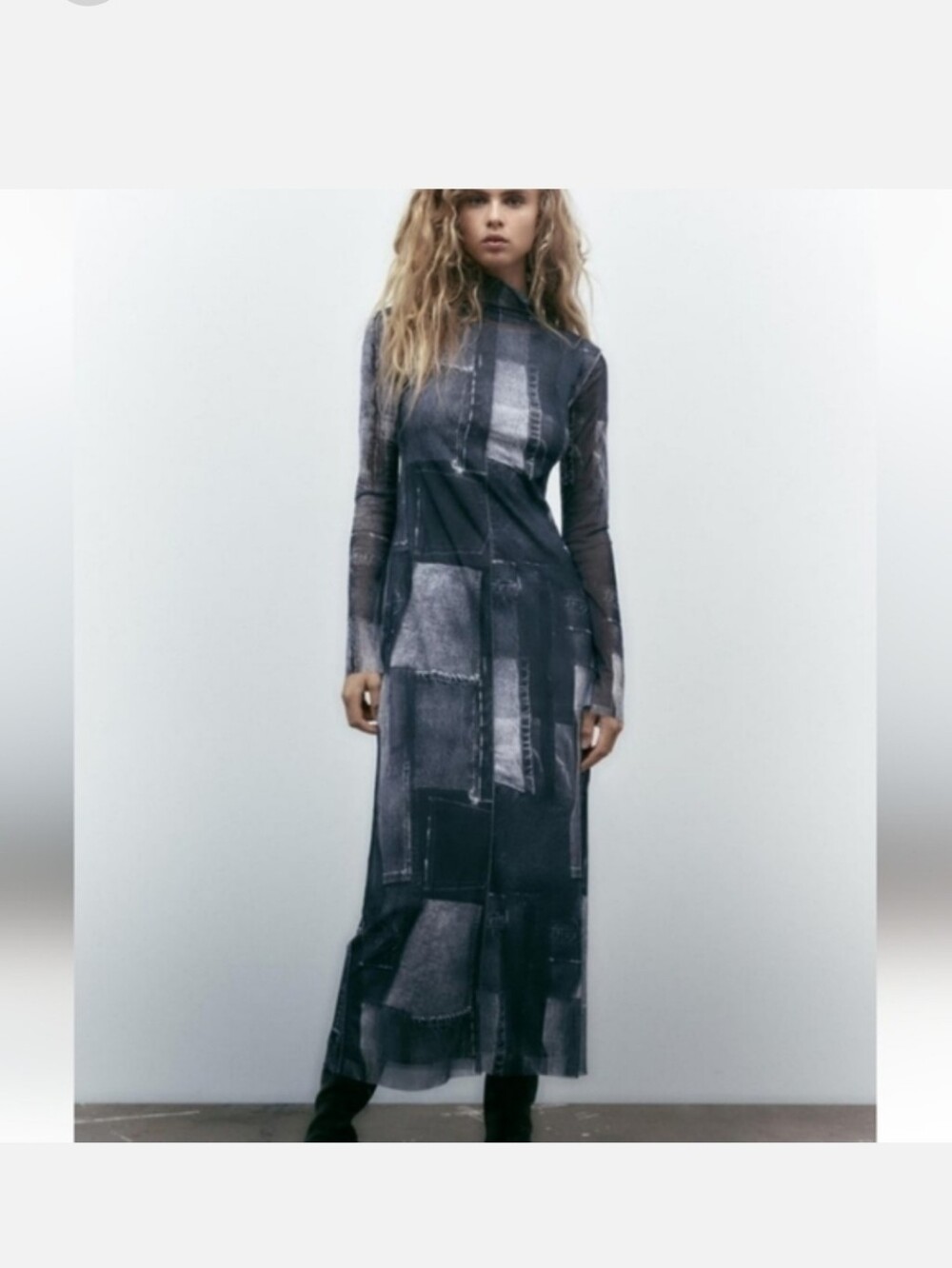 Zara Charcoal Gray Patchwork-Print Long Sleeve Maxi Dress